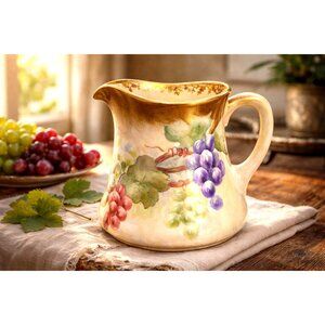 Hand Painted French Porcelain Pitcher Grapevine Design Gold Accent Limoges Signe